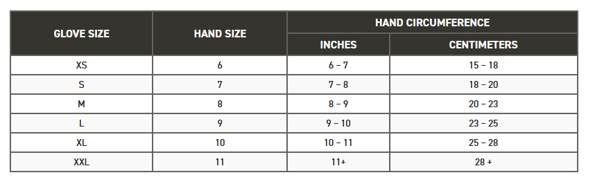 Impacto® Leather Half Finger Gel Impact Gloves size chart